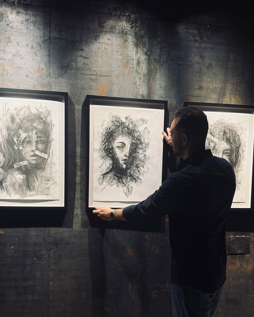 Charcoal portrait close-up with layered texture